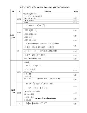 Đáp án đề khảo sát chất lượng học kỳ I môn Toán Lớp 6 - Năm học 2019-2020 - Phòng giáo dục và đào tạo Đông Hưng
